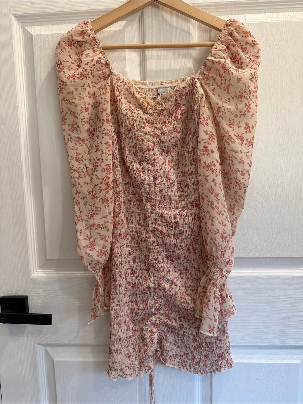 Princess Polly Cream Floral Smocked Top with Pink Accents